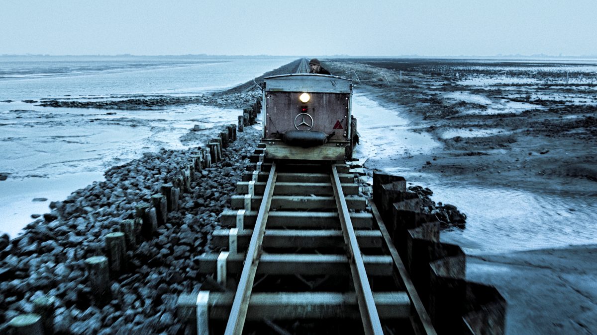 Ein Mann fährt auf einer Gesine durchs Wattenmeer