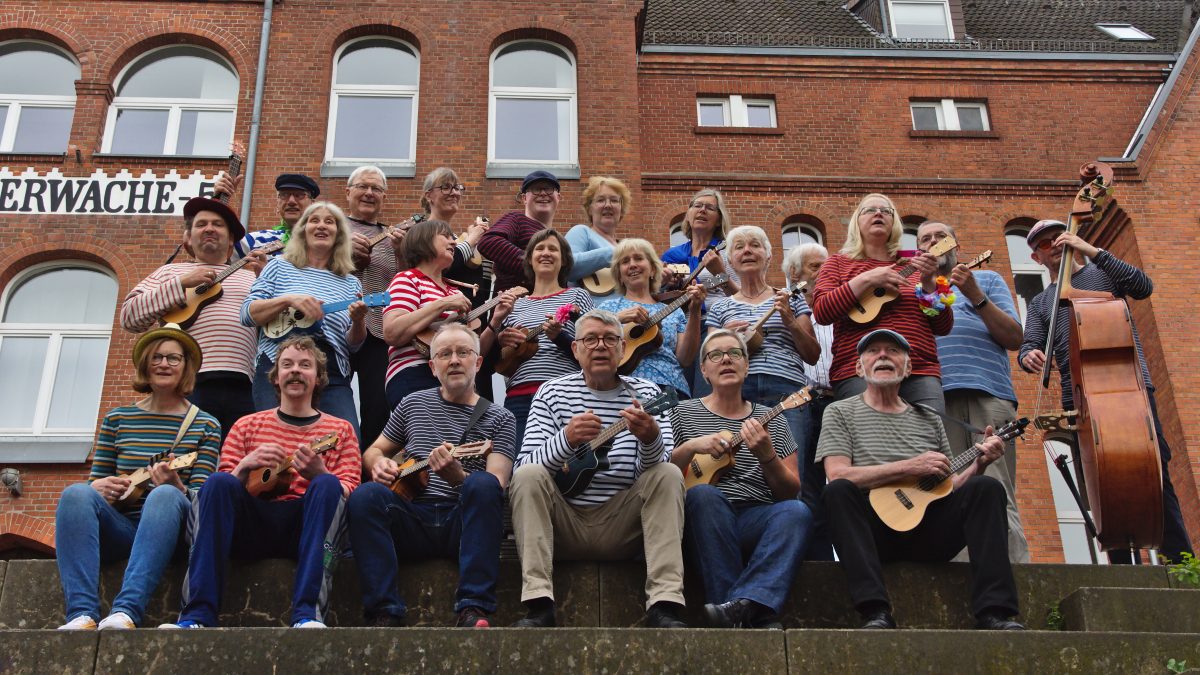 Menschen mit Ukulele stehen in drei Reihen hintereinander